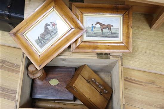 A rosewood sewing box, pine box, two framed sporting prints and treen